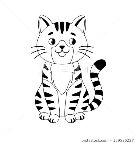 Cute sitting striped cat line art illustration for kids coloring book 139586227