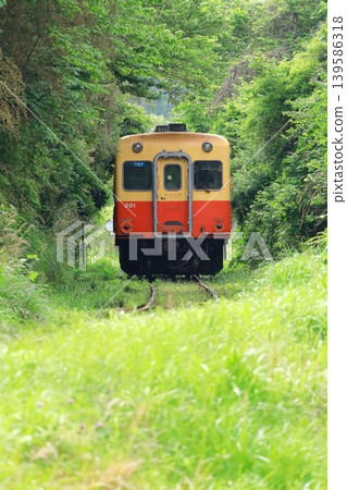 A Kiha train running through a mountainous area on the Kominato Railway. A Kiha train running through a mountainous area on the Kominato Railway. 139586318