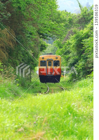 一列Kiha列車正行駛在小湊鐵道的山區。 一列Kiha列車正行駛在小湊鐵道的山區。 139586319