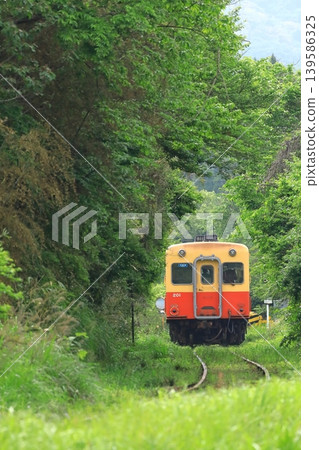 A Kiha train running through a mountainous area on the Kominato Railway. 139586325