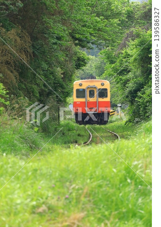 A Kiha train running through a mountainous area on the Kominato Railway. 139586327