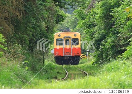 A Kiha train running through a mountainous area on the Kominato Railway. 139586329