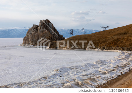 Shamanka Rock on frozen Lake Baikal near Khuzhir village, Olkhon Island 139586485
