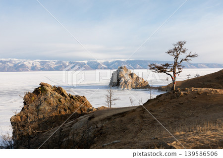 Shaman Rock on frozen Lake Baikal near Khuzhir village, Olkhon Island 139586506