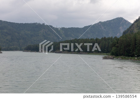 Mountain river landscape in Altai with forested hills under cloudy sky 139586554