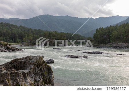 Katun River rapids with rocky shore and forested Altai Mountains landscape Katun River rapids with rocky shore and forested Altai Mountains landscape 139586557