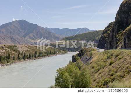 Scenic Chuysky Trakt road along the Katun River in Altai Mountains landscape Scenic Chuysky Trakt road along the Katun River in Altai Mountains landscape 139586603