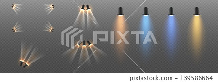 Stage spotlights and studio lighting effects creating realistic glowing beams 139586664