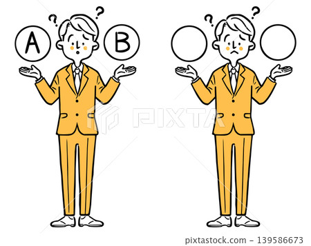 A young male office worker, unsure of his choice, full body, vector (orange). 139586673