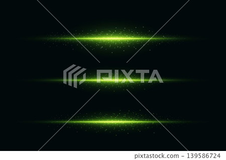 Green light trails with glowing particles moving across black background 139586724