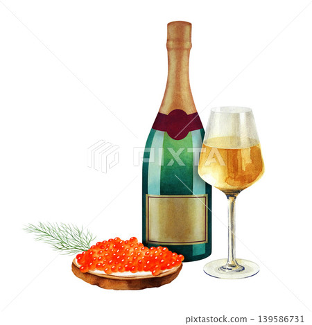 Bottle of champagne, sandwich with red caviar, wineglass. Watercolor illustration on a white background. Menu, package, sticker, goodie bag. New year, christmas, wedding, womens day. Seafood, beverage Bottle of champagne, sandwich with red caviar, wineglass. Watercolor illustration on a white background. Menu, package, sticker, goodie bag. New year, christmas, wedding, womens day. Seafood, beverage 139586731