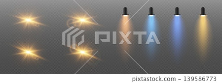 Light elements reflecting lens flare, glowing starburst, and colored lamp spotlights Light elements reflecting lens flare, glowing starburst, and colored lamp spotlights 139586773