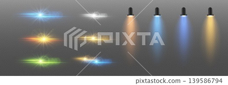 Vibrant light effects set displaying lens flares and downlights on transparent background Vibrant light effects set displaying lens flares and downlights on transparent background 139586794