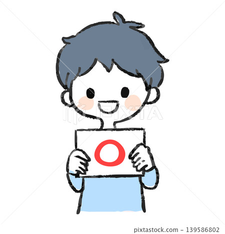 A man smiling and holding a panel with a circle on it. 139586802