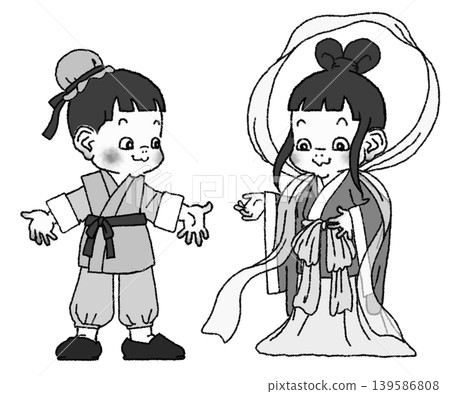 一男一女裝扮成織姬和牛郎（黑白照片）。 139586808