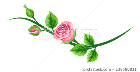 Decorative element with roses. Beautiful realistic flowers, buds and leaves. Decorative element with roses. Beautiful realistic flowers, buds and leaves. 139586831