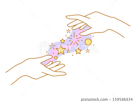 Magic stars in hands. Palms hold or gives celestial body. Line art style isolated human hand. Magic stars in hands. Palms hold or gives celestial body. Line art style isolated human hand. 139586834
