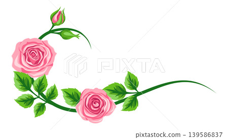 Decorative element with roses. Beautiful realistic flowers, buds and leaves. Decorative element with roses. Beautiful realistic flowers, buds and leaves. 139586837