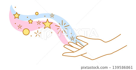 Magic stars in hand. Palm hold or gives celestial body. Line art style. 139586861