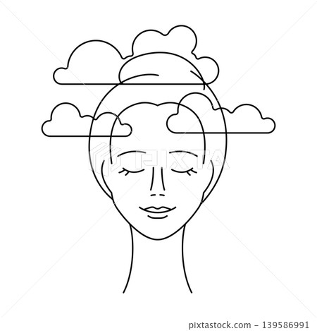 Mental health illustration. Fog clouds in head. Female character with psychological problems. Mental health illustration. Fog clouds in head. Female character with psychological problems. 139586991