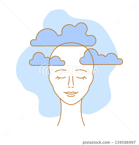 Mental health illustration. Fog clouds in head. Female character with psychological problems. Mental health illustration. Fog clouds in head. Female character with psychological problems. 139586997