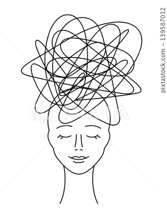 Mental health illustration. Confusion in head. Female character with psychological problems. Mental health illustration. Confusion in head. Female character with psychological problems. 139587012