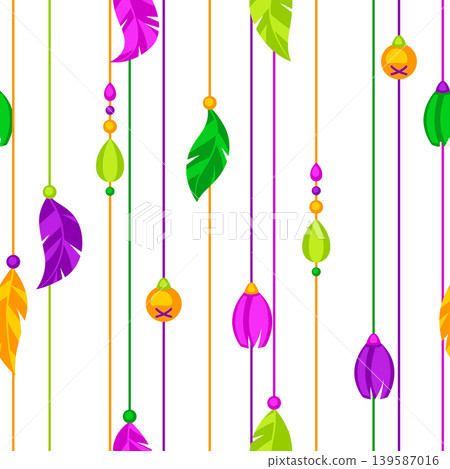 Mardi Gras party seamless pattern feathers and beads. Carnival illustration for traditional holiday or festival. 139587016