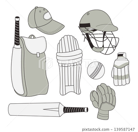 Professional Cricket Equipment Set. Protective Helmet, Pads, Batting Gloves, Wooden Bats, Leather Ball, Cap and Gear Bag. Isolated Minimalist Vector Illustration. Professional Cricket Equipment Set. Protective Helmet, Pads, Batting Gloves, Wooden Bats, Leather Ball, Cap and Gear Bag. Isolated Minimalist Vector Illustration. 139587147