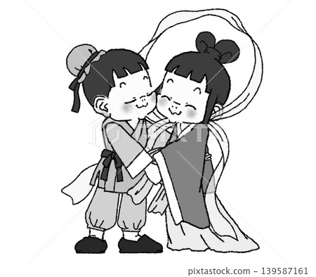 可愛的織姬和牛郎時隔一年重逢。 (黑白照片) 可愛的織姬和牛郎時隔一年重逢。 (黑白照片) 139587161