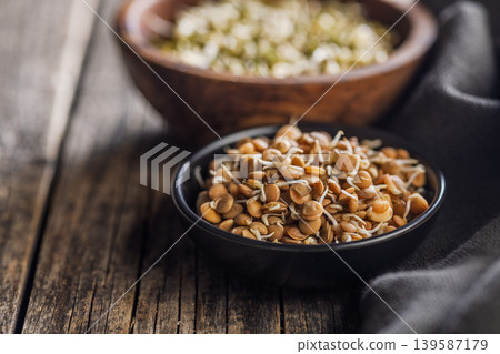 Fresh Sprouts in Bowls With Lentil and Mung Beans on Rustic Wooden Table, Healthy Vegan Food 139587179