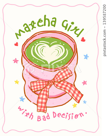 Whimsy girly matcha latte art heart coquette gingham bow Saying quote whimsical hand drawn doodle Whimsy girly matcha latte art heart coquette gingham bow Saying quote whimsical hand drawn doodle 139587200