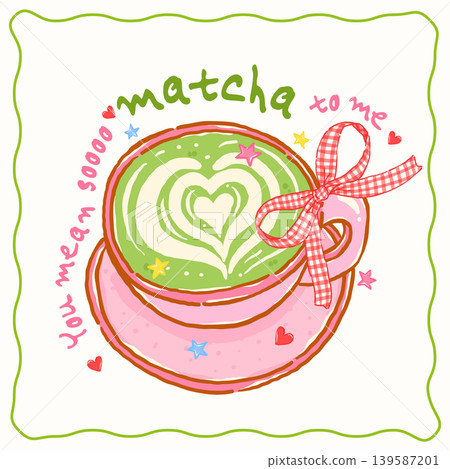 Whimsy girly matcha latte coquette gingham bow Saying quote whimsical hand drawn doodle Whimsy girly matcha latte coquette gingham bow Saying quote whimsical hand drawn doodle 139587201