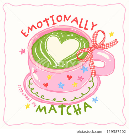 Whimsy girly matcha latte heart art coquette gingham bow Saying quote whimsical hand drawn doodle Whimsy girly matcha latte heart art coquette gingham bow Saying quote whimsical hand drawn doodle 139587202