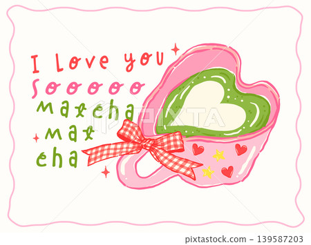 Whimsy girly matcha latte heart cup coquette gingham bow Saying quote whimsical hand drawn doodle Whimsy girly matcha latte heart cup coquette gingham bow Saying quote whimsical hand drawn doodle 139587203