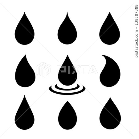 Drops falling, black droplet sihouette icons and splash signs Drops falling, black droplet sihouette icons and splash signs 139587389
