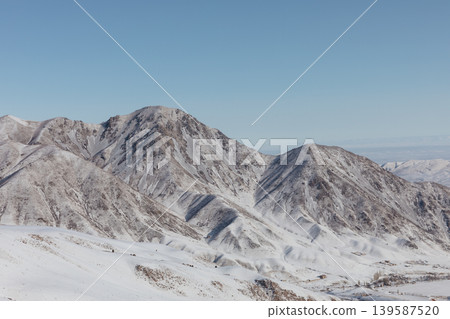 Winter panorama of Chunkurchak Valley mountains under clear blue sky, Kyrgyzstan Winter panorama of Chunkurchak Valley mountains under clear blue sky, Kyrgyzstan 139587520