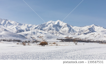 Snowy Tian Shan mountains and winter valley landscape in Kyrgyzstan panorama Snowy Tian Shan mountains and winter valley landscape in Kyrgyzstan panorama 139587531