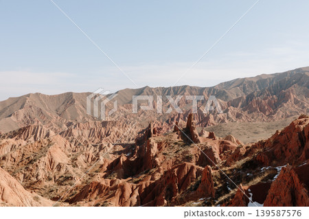 Panoramic view of Skazka Canyon red sandstone formations, Kyrgyzstan mountains Panoramic view of Skazka Canyon red sandstone formations, Kyrgyzstan mountains 139587576