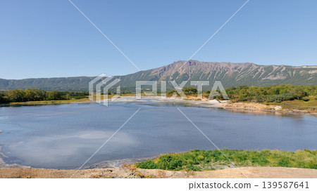 Uzon Volcano Caldera landscape with lake and mountain ridge, Kamchatka Peninsula 139587641