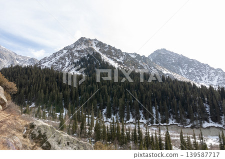 Snowy mountain landscape and conifer forest in Ala Archa National Park valley Snowy mountain landscape and conifer forest in Ala Archa National Park valley 139587717