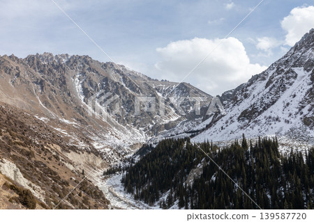 Snowy mountain valley and conifer forest in Ala-Archa National Park, Kyrgyzstan Snowy mountain valley and conifer forest in Ala-Archa National Park, Kyrgyzstan 139587720