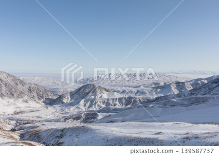 Panoramic winter mountains and snowy valley landscape in Chunkurchak Valley 139587737