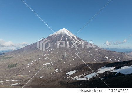 Koryaksky volcano with snow-capped summit above Kamchatka volcanic landscape 139587751