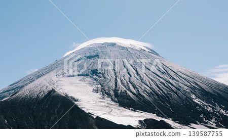 Avachinsky volcano summit with snow and volcanic slopes under clear blue sky Avachinsky volcano summit with snow and volcanic slopes under clear blue sky 139587755