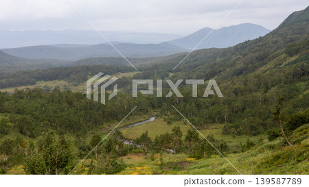 Vachkazhets mountain range landscape with river valley and forest, Kamchatka Vachkazhets mountain range landscape with river valley and forest, Kamchatka 139587789