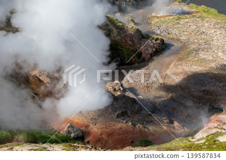 Steaming geyser field and geothermal river in Valley of Geysers, Kamchatka Steaming geyser field and geothermal river in Valley of Geysers, Kamchatka 139587834