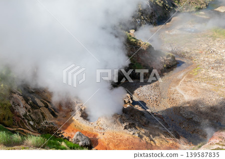 Steaming geothermal vents and hot spring valley landscape in Valley of Geysers Steaming geothermal vents and hot spring valley landscape in Valley of Geysers 139587835