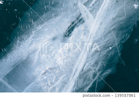 Abstract winter ice texture with cracks and bubbles on Lake Baikal surface Abstract winter ice texture with cracks and bubbles on Lake Baikal surface 139587861