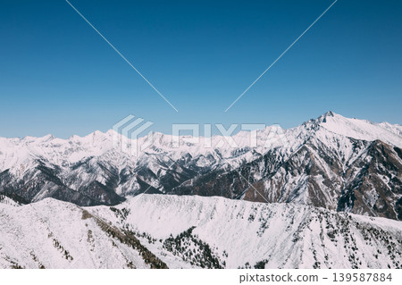 Snowy Sayan Mountains panorama near Arshan with peak Galina under clear sky 139587884