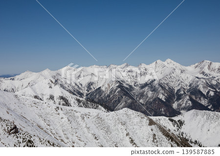Snowy mountain panorama from Peak Galina near Arshan with clear blue sky 139587885